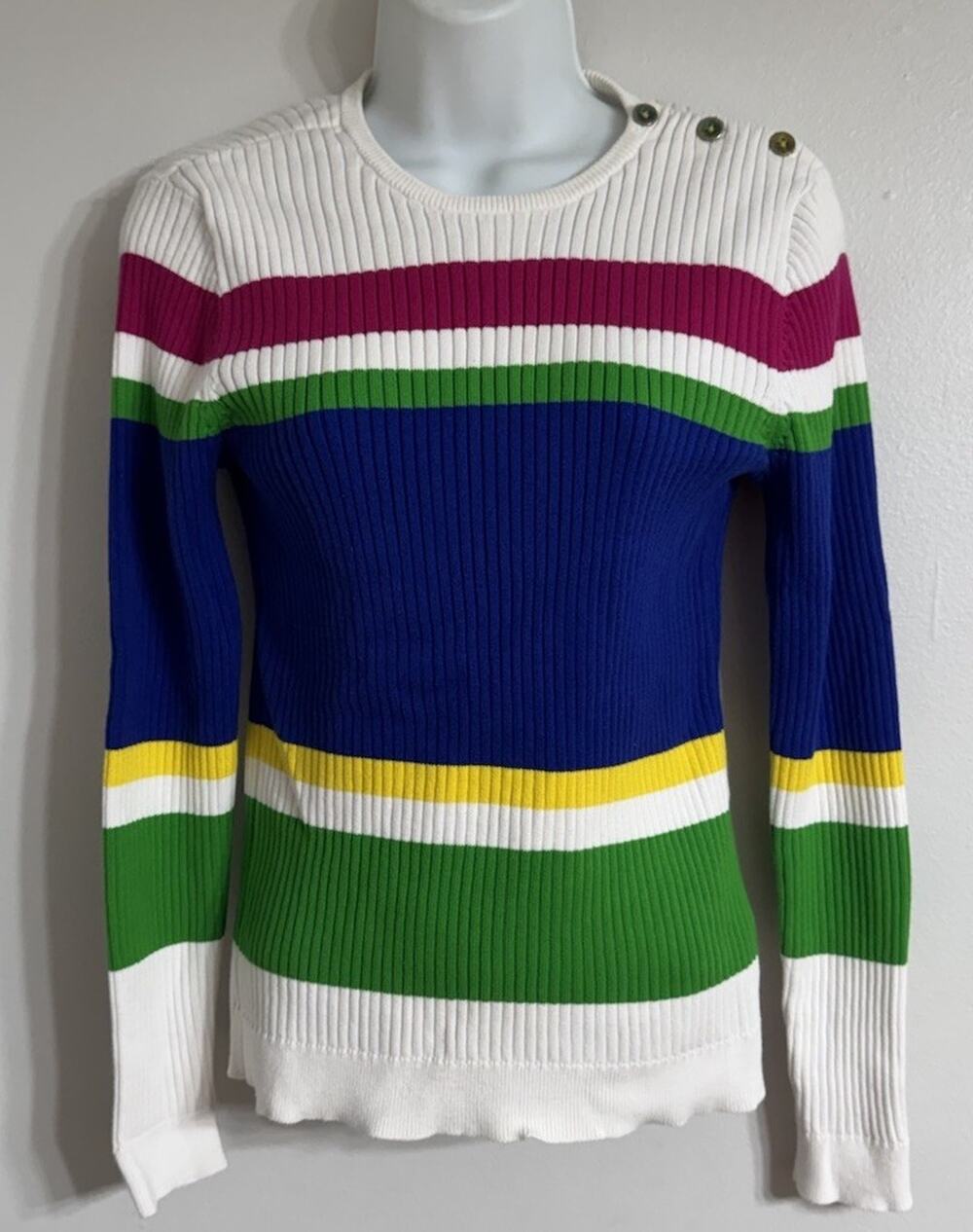 Lauren Ralph Lauren Sweater Women’s Medium Y2K Vertical Rib Knit Buttons